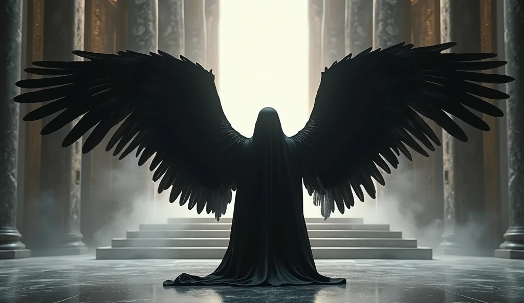 black angel with black wings kneeling with open wings before the throne of god