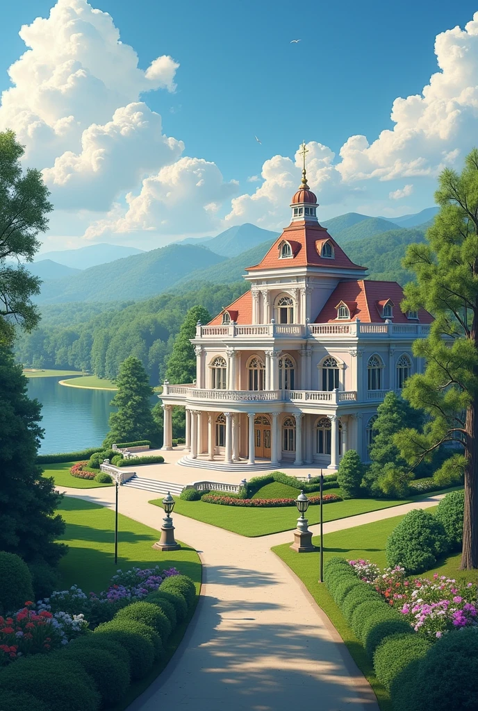 A mansion facing a leisure area and a lake a little further ahead with 12 bedrooms, with 2 floors with balcony