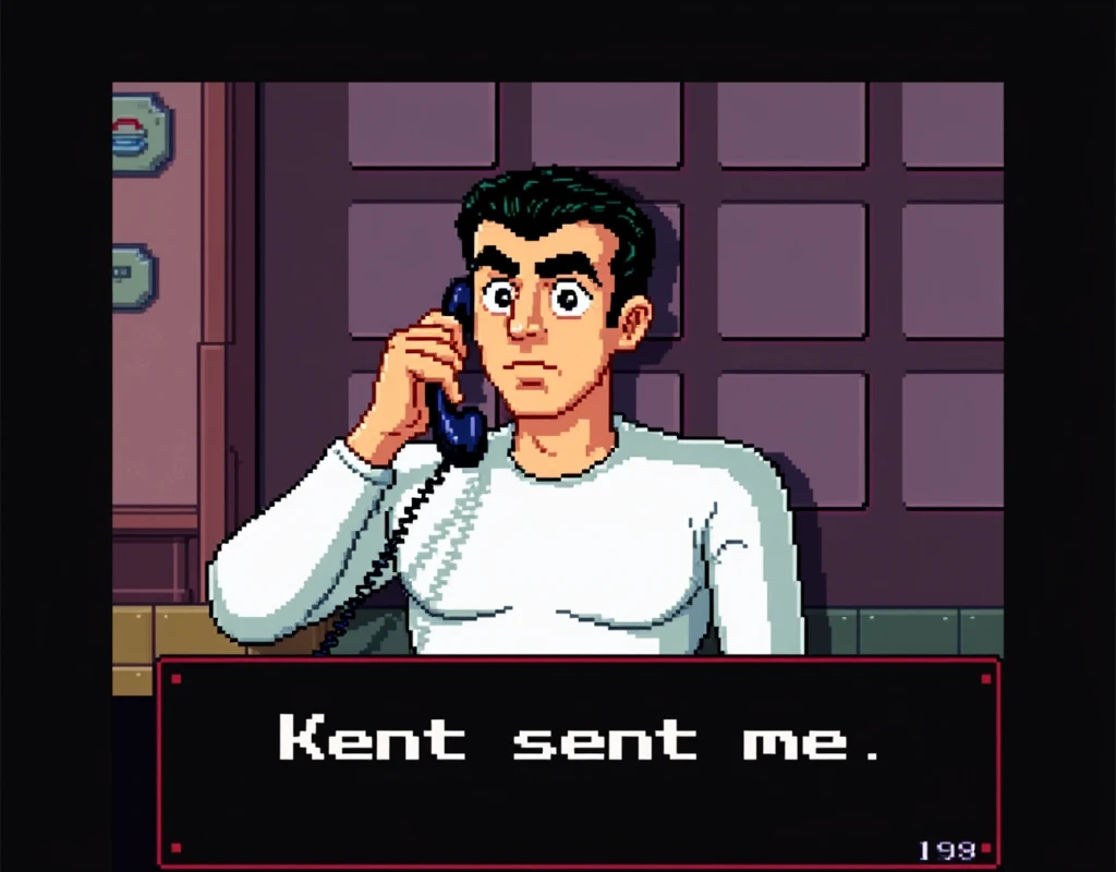 a pixelated image from the video game Leisure Suit Larry, from 1988, 8bit colors, a short man with black receding hairline and bushy black eyebrows, dressed in a long-sleeved white shirt, talking on a phone, in a room with squared furniture, at the bottom the text "Kent sent me" in white pixelated letters on black square, video game frame,