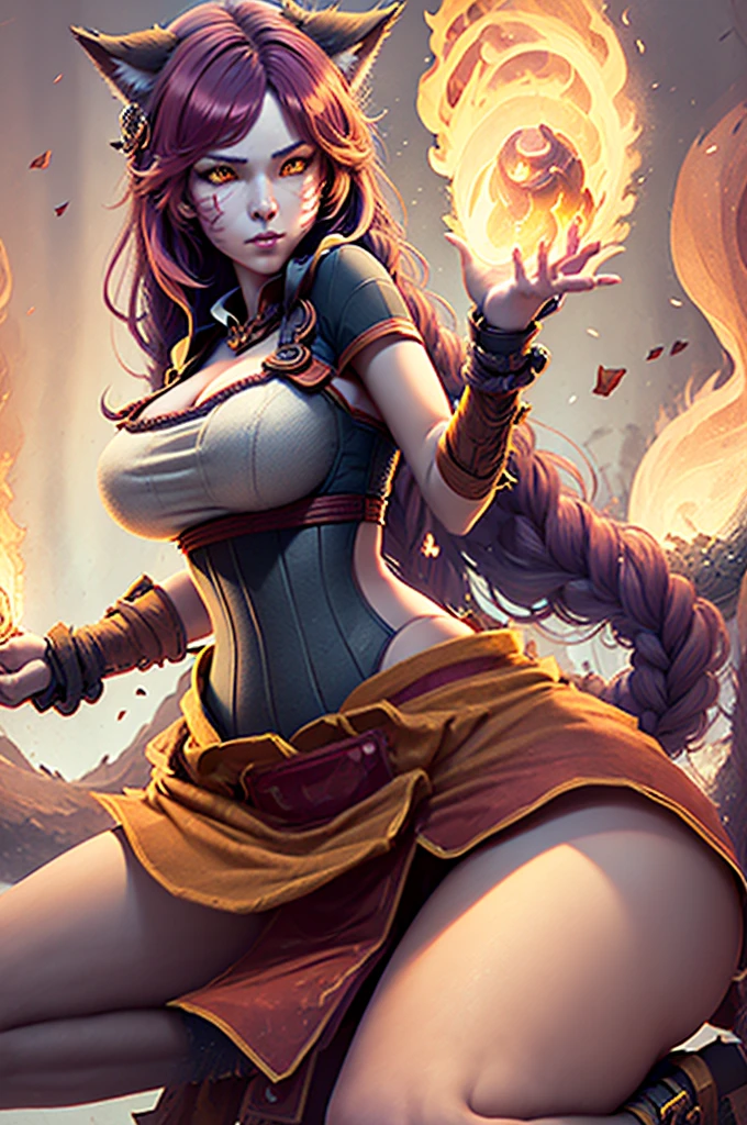 perfect hands, Ray tracing,{Best quality}, {{Masterpiece}}, {A high resolution}, Original, Extremely detailed 8k wallpaper, {An extremely delicate and beautiful}, realistic hand, one girl, good body proportions, (((cowboy shot))), Extremely detailed face, Extremely detailed body, Extremely detailed hands, Extremely detailed eyes, beatiful eyes, ((glowing eyes golden eyes, staring blankly)), extremely detailed background, high quality background,Ahri League of Legends,(((kitsune girl,fox girl,fox tails,nine tails,multiple_tails,multiple tails))),(large breasts:1.9),(((20yo girl))), dark hair, fighting pose, fire magic, fire tails, tails on fire, full of demonic aura, volcano background, (((bright colors))), red fire, (((the background is full of magical particles and realistic fire))). lens flare, glowing light