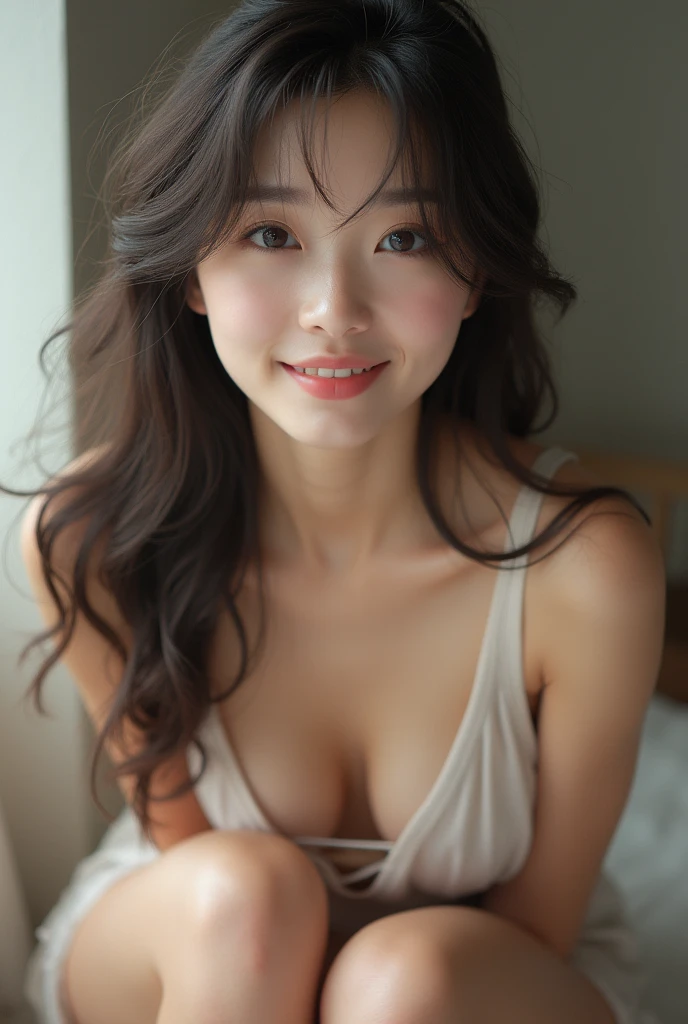 You are a professional gravure photographer.、(((One person,alone))),(Highly realistic photos, High resolution, Detailed face, Narrow eyes,Thin lips)、 Japanese women, Age 25, K-POP顔, ,Healthy Body,squat