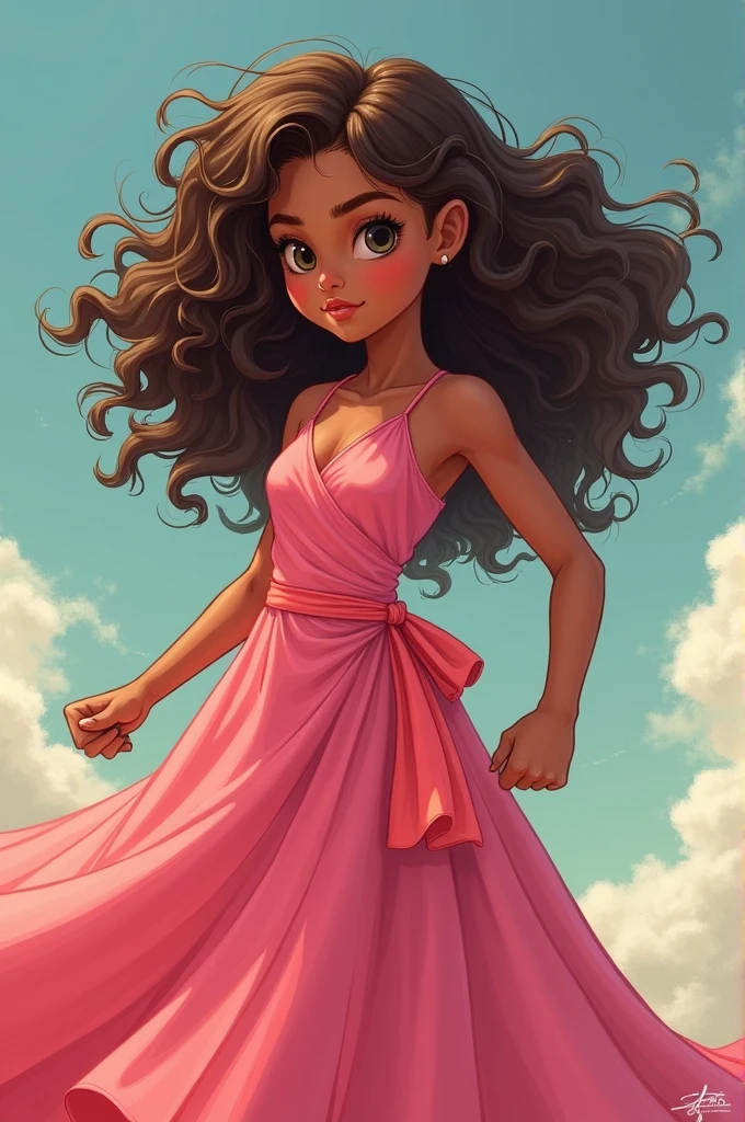 1. Super powerful girl pink dress, brunette and curly 2. Super powerful girl green dress, light skin and curly hair 3. Super powerful girl in light blue dress, clear and straight skin