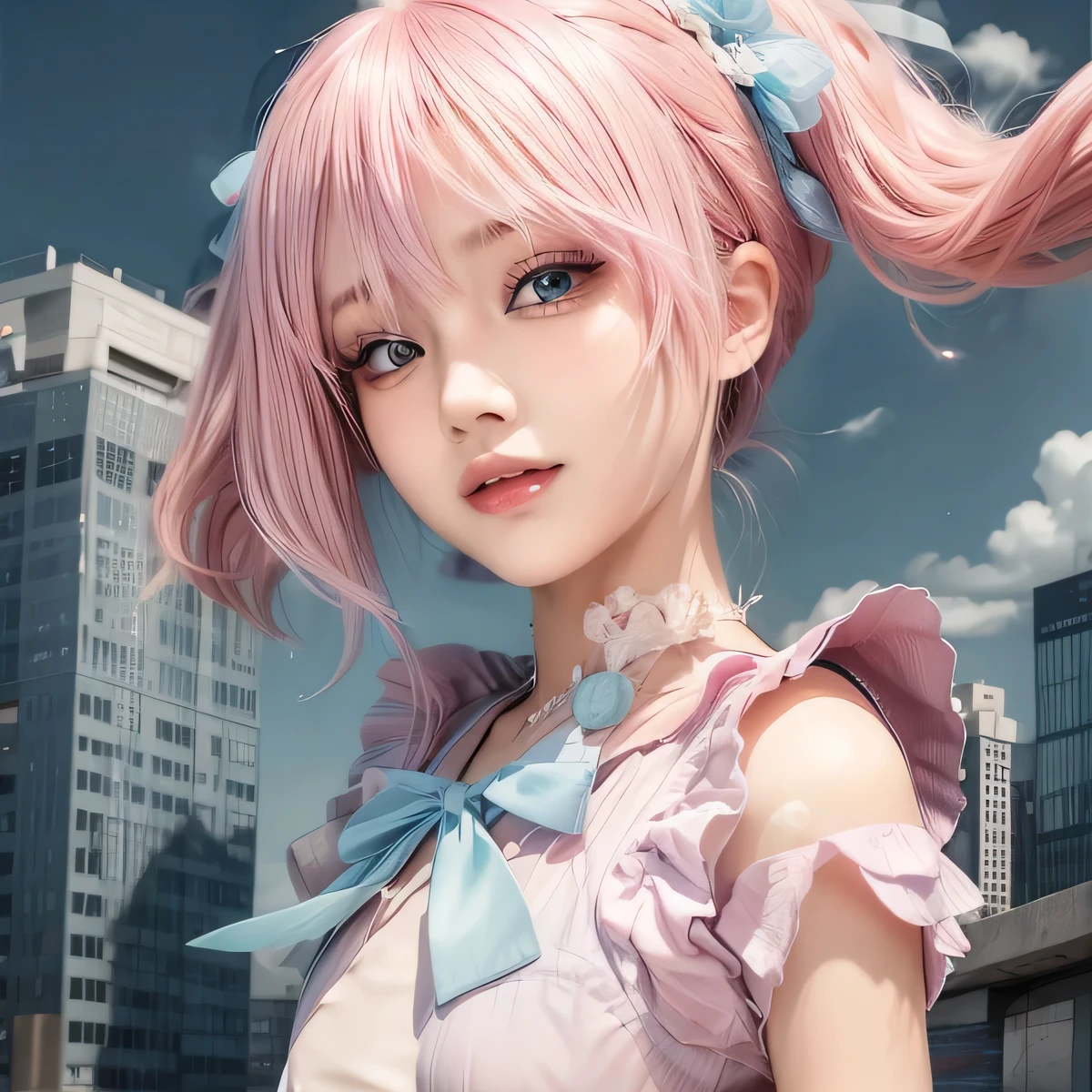 Pink hair, masterpiece, best quality, CG, wallpaper, HDR, high quality, high-definition, extremely detailed, smile, cute girl, ultra realistic, realistic eyes, ultra detail, 70 mm lens