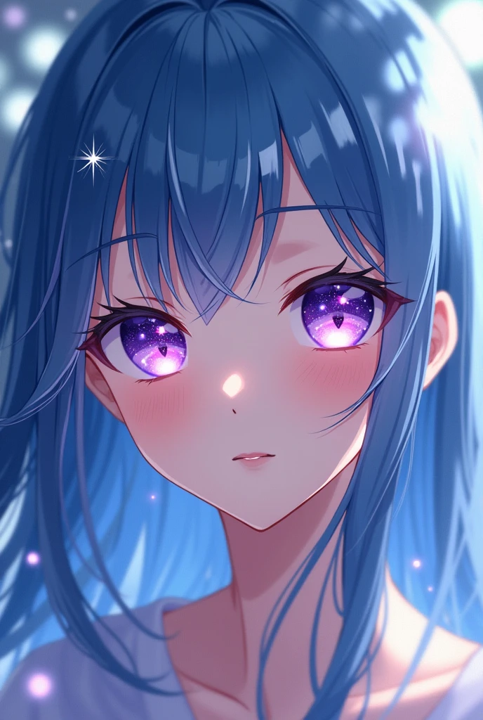 Anime girl with blue hair and purple eyes with stars in her eyes