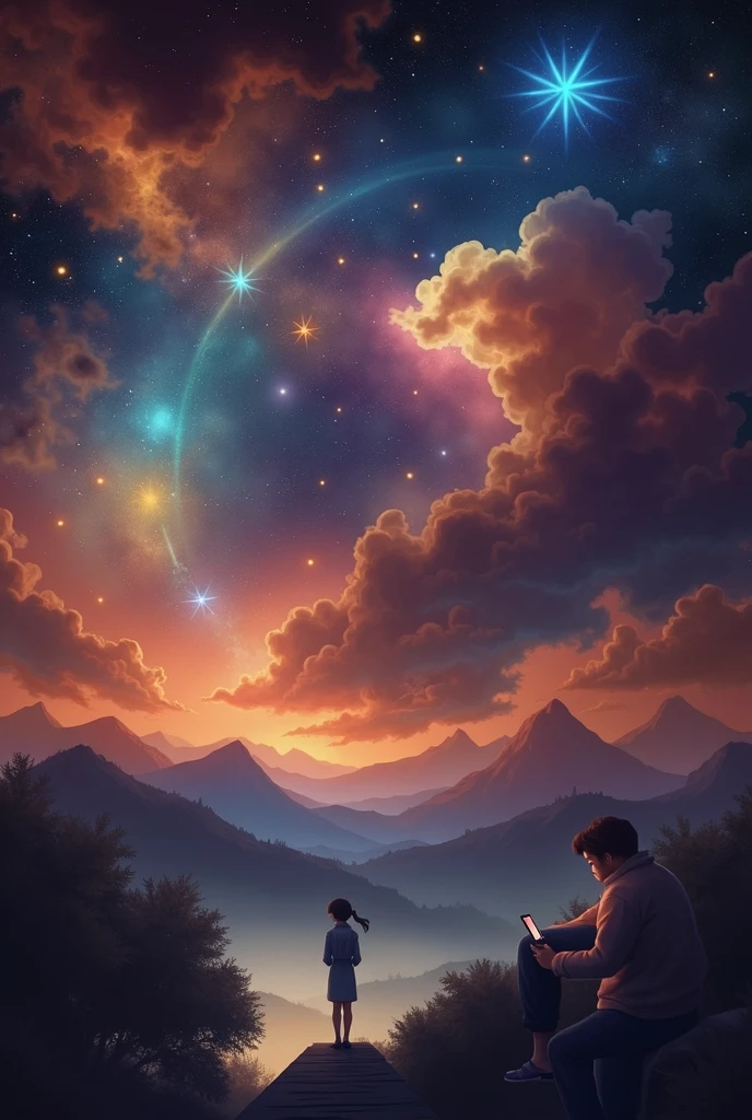 The night sky should be filled with shining constellations, Create a dark and mysterious atmosphere, A sky full of bright stars,Picture of an animated couple,night,Starry sky,Bright stars,Female figure in a picturesque garden,Male figure in a cozy private room,Have lively chats via universal messaging apps。This picture should be lovely、Charming charm,Couples having a pleasant conversation in their respective locations