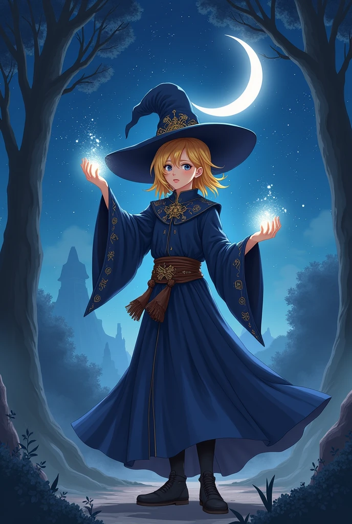 Young blonde anime male wizard with witch hat at night