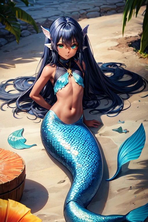 mermaid, black skin color, Blue long hair, greeneyes, small chest