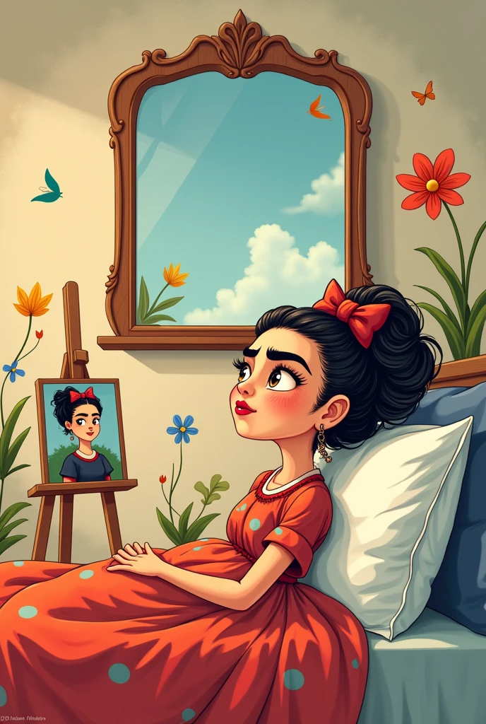 Manga style cartoon of Frida Khalo as an adult, laying in bed, with a mirror on the ceiling of his bed and an easel where a self-portrait is painted. drawing for toddlers
