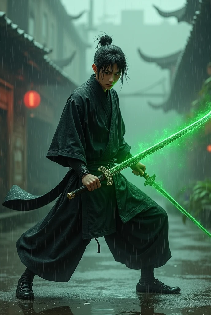 15 year old male kong fu fighter in black kimono in the rain holding green destiny sword
