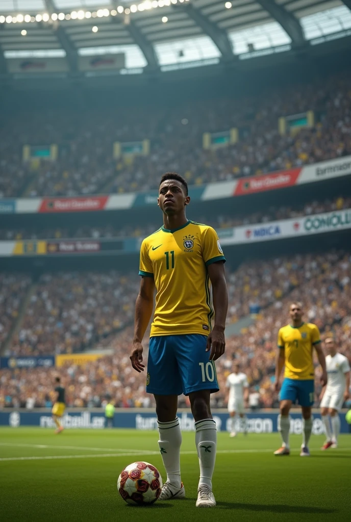 Generate an image of Vinicius Jr being discriminated against on the pitch by the fans wearing a Real Madrid shirt
