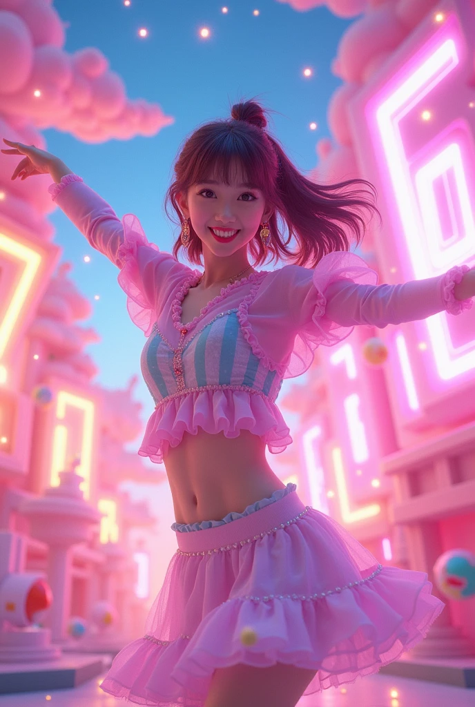 Cute female kpop idol in a pink video game world