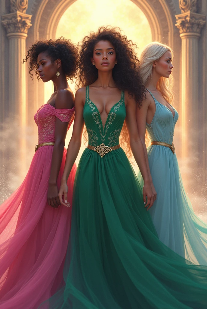 1. Super powerful girl pink dress, brunette and curly 2. Super powerful girl green dress, light skin and curly hair 3. Super powerful girl in light blue dress, light and straight skin 3 women