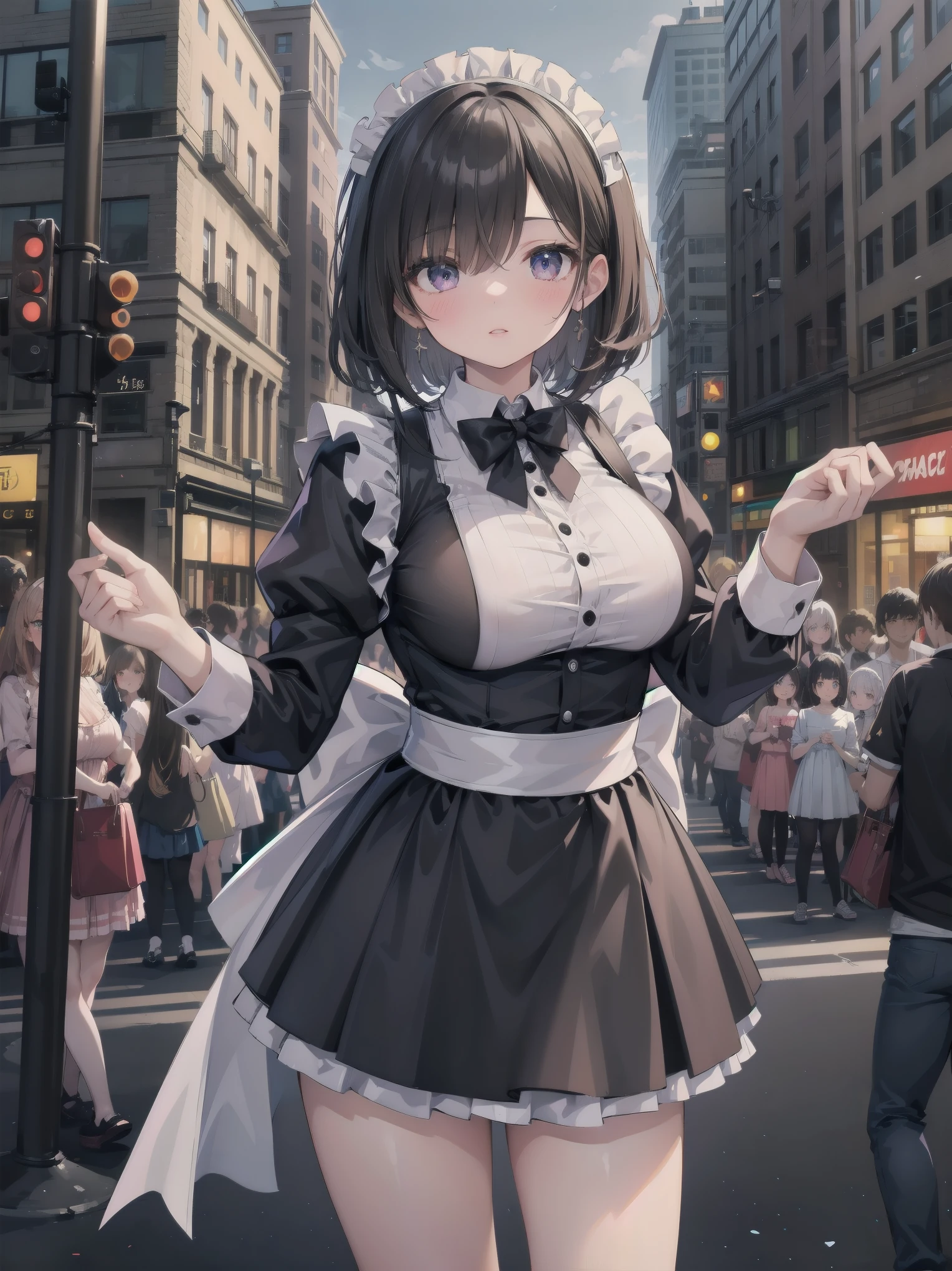 Highly detailed CG Unity 8k wallpaper, Top quality, Highly detailed, Masterpiece, Highly detailed pretty girl, 8 years old, (((lifting skirt by herself))), (lifting skirt by herself)), dynamic angles, sexy pose, blush, lips apart, looking at audience, half body shot, (crowd), (crowded big city)), hair over one eye, immaculate beauty, less revealing maid outfit, classical maid fashion