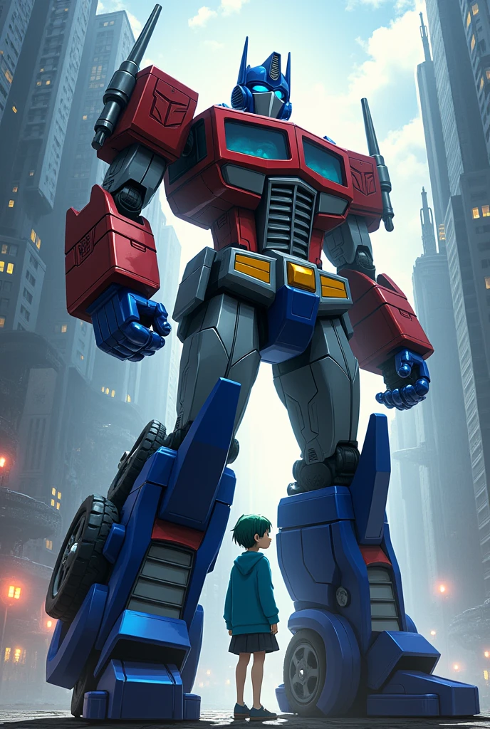 Optimus Prime, Momoe Sawaki, 1girl, masterpiece, highres, upperbody, short hair, green eyes, MomoeSawakiR4, blue sweater, train, city, cybertron, futuristic, dramatic lighting, volumetric lighting, cinematic, intricate details, hyperrealistic, elegant, graceful, powerful, heroic
