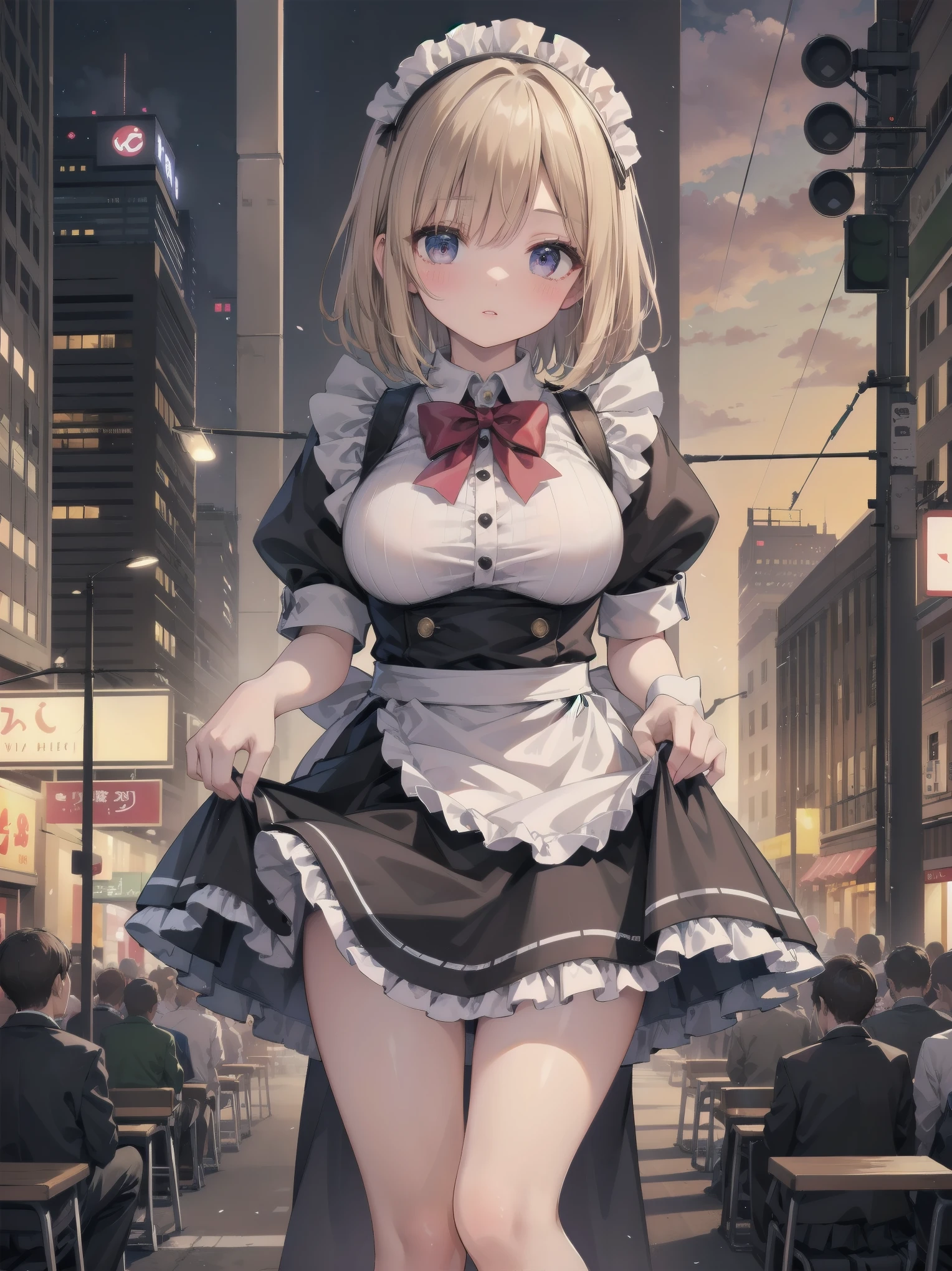 Highly detailed CG Unity 8k wallpaper, Top quality, Highly detailed, Masterpiece, Highly detailed pretty girl, 8 , (((lifting skirt by herself))), (lifting skirt by herself)), dynamic angles, sexy pose, blush, lips apart, looking at audience, half body shot, (crowd), (crowded big city)), hair over one eye, immaculate beauty, less revealing maid outfit, classical maid fashion