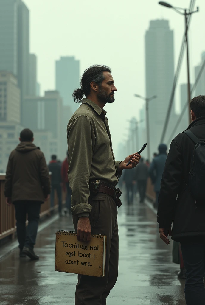 A Lonely Poet on a Bridge, asking for money for the bus, while passersby ignore their presence.