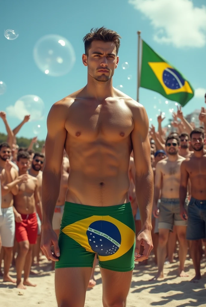 young, beautiful, elegant, white, skinny, elegant shirtless face standing, ,sin remera en la playa boxer de bandera brasil con una bandera brasileño mientras muchos publico le aplaude y celebra con muchas burbuja en su alrrededor pasarela masculina hombre guapo piel white sincensura