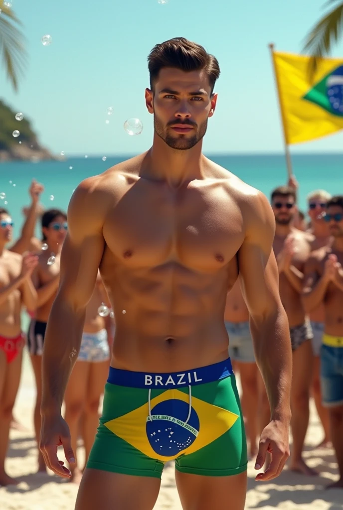 young, beautiful, elegant, white, skinny, elegant shirtless face standing, ,sin remera en la playa boxer de bandera brasil con una bandera brasileño mientras muchos publico le aplaude y celebra con muchas burbuja en su alrrededor pasarela masculina hombre guapo piel white sincensura
