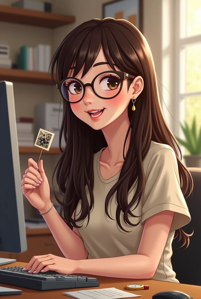 A brunette woman, with long dark brown hair, wearing reading glasses, with small dark brown eyes and slightly droopy eyelids, with thick and well-defined eyebrows, com rosto redondo, wearing casual clothes, Working on the computer, smiling facial expression, using a string and a watch, very happy with what you do, holding a stamp in one hand and showing that stamp to the camera