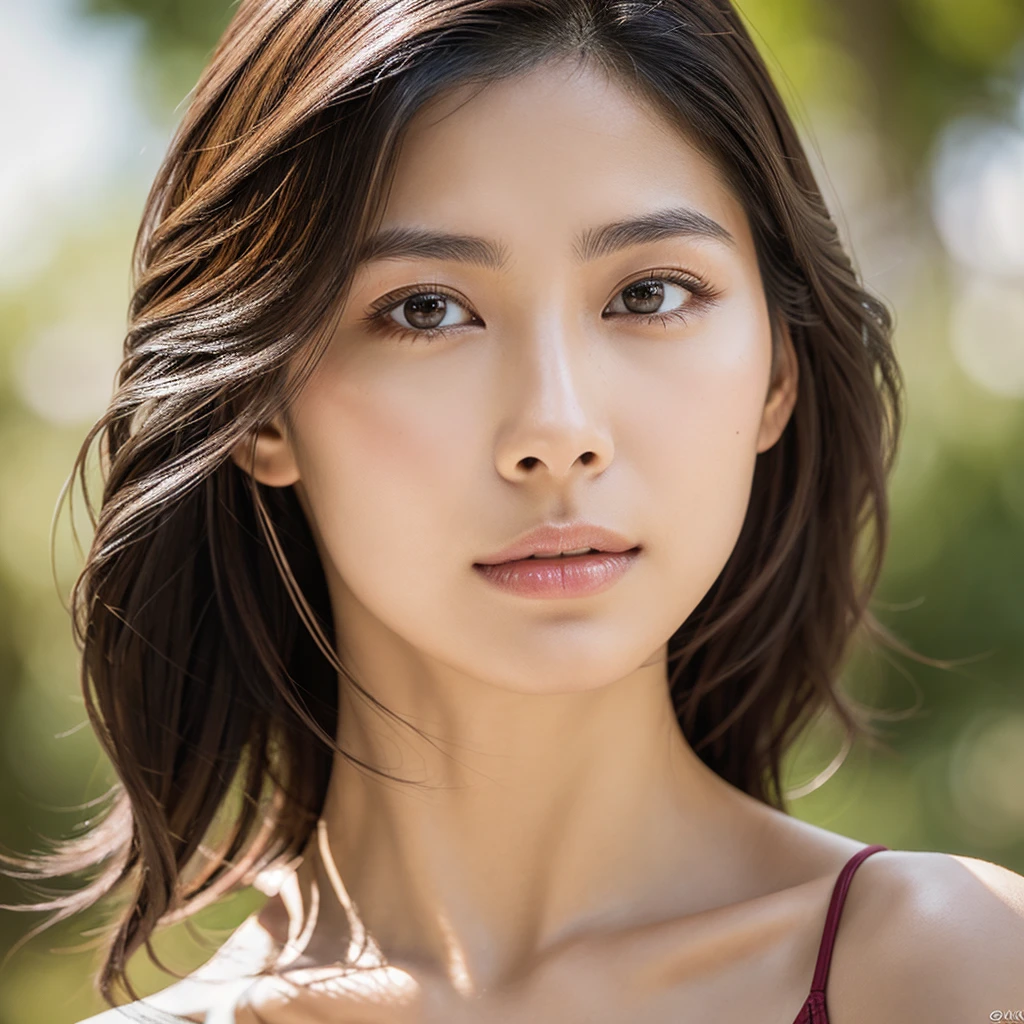 An extraordinarily beautiful Japanese model and actress in her early 20s, captured in an ultra-detailed close-up 4K image that showcases her exquisite facial features with unparalleled clarity. Her skin is flawlessly realistic, with a smooth, even complexion and a warm beige undertone that radiates a subtle, natural glow. The texture of her skin is incredibly lifelike, revealing delicate pores and a slight dewy finish that reflects light softly, adding to the realism. Her cheeks have a soft, supple appearance, with just a hint of natural blush that enhances her youthful glow. The fine texture of her skin, including the gentle contours and subtle variations in tone, is captured in stunning detail. Her straight, glossy black hair frames her face perfectly, each strand meticulously rendered. Her large, almond-shaped eyes are a deep, rich brown, with finely detailed irises and long, naturally curled lashes that cast soft shadows on her upper cheeks. The high-definition image captures the subtle sheen of her slightly parted, naturally full lips, highlighting their soft, smooth texture. The lighting is expertly balanced, with soft, diffused natural light that casts gentle, realistic shadows, emphasizing the contours of her face and the fine texture of her skin. Her expression is one of calm confidence, her gaze direct and captivating, with a slight, enigmatic smile that adds an air of elegance and allure. Every aspect of her appearance, from the realistic texture of her skin to the soft highlights in her eyes, is rendered with exceptional precision, creating an image of absolute beauty.