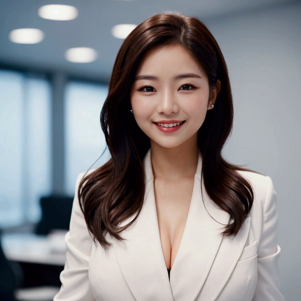 Make a professional profile picture of a woman smiling and looking at the camera, head and shoulders only, wearing a suit, bokeh background of an office. Add a SHIRT under the jacket