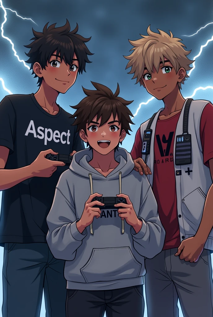 A 4 of boys,all 4 boys chocolate skin, all wearing black skin jeans,one boy with a black t-shirt written ASPECT on it ,one boy in a grey hoodie written PHANTOM on it ,one boy with a red t-shirt written VANDA on it,one boy with a white vest written EVOLUTION on it,all boys with different hair styles ,a dark back ground with lightening , holding game controllers each one ,anime style ,