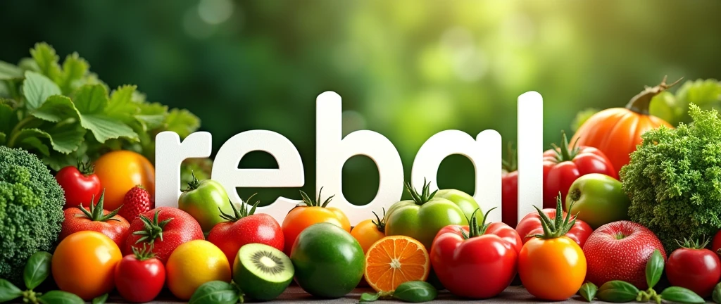 GENERATE A BACKGROUND OF FRUITS AND VEGETABLES WITH THE WORD REBAL that looks very realistic