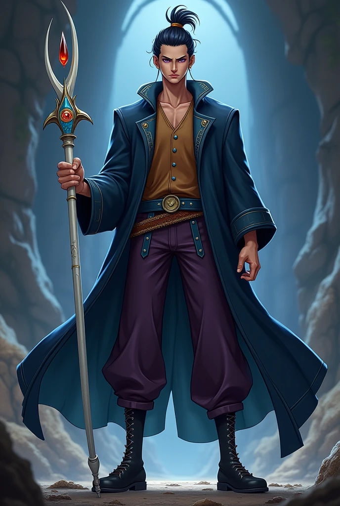 Create a d wizard&d, he has dark purple eyes, her hair is tied in a bun, he is a 26 year old adult, he wears a dark blue overcoat with a brown shirt, your pants are dark purple, and your shoes are black, he has a white staff with light blue details, vermelho e laranja, on his right hand he has a gold ring with a small jewel, and on his head he has a very simple silver crown Create in the style of one piece