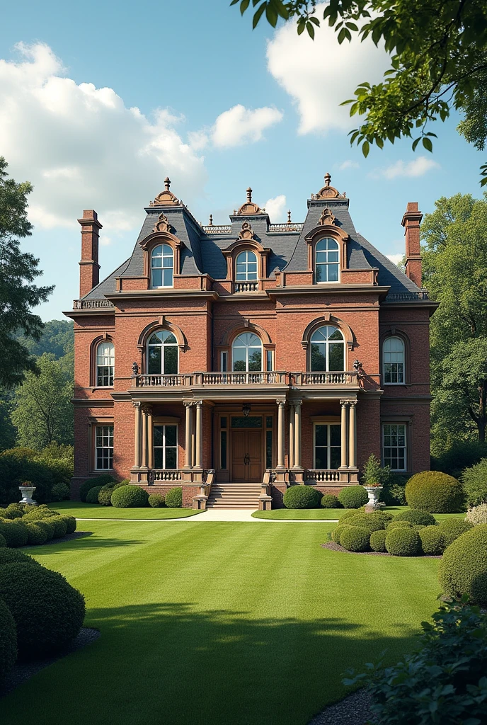 A mansion facing a leisure area and a lake a little further ahead with 12 bedrooms, with 2 floors with balcony, with brick style walls