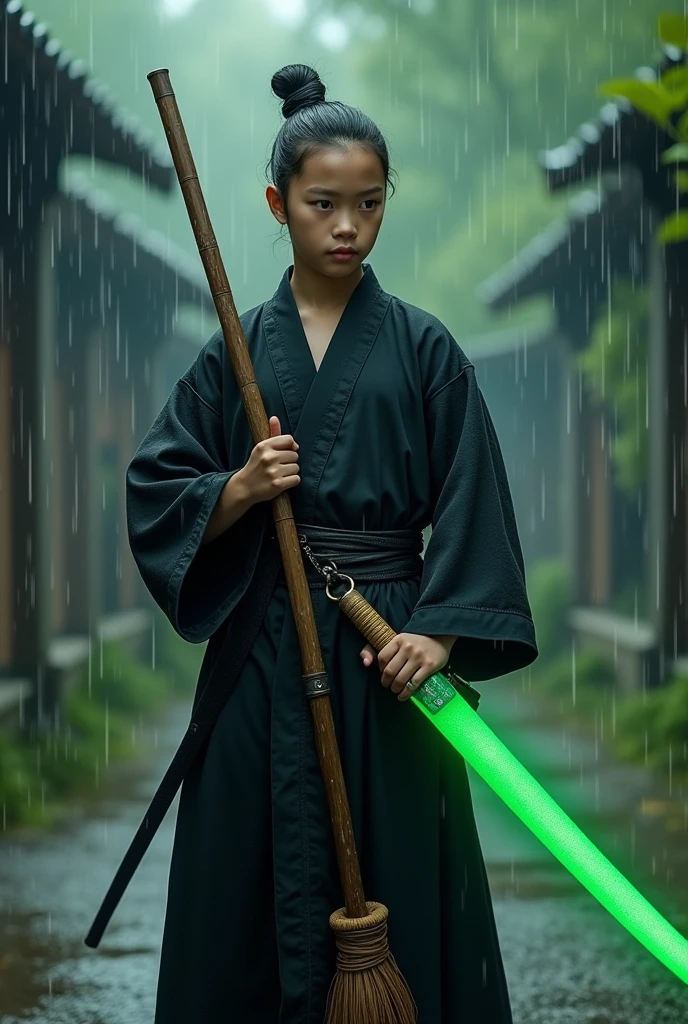  male kong fu fighter in black kimono in the rain holding a green destiny sword in the other hand a broom