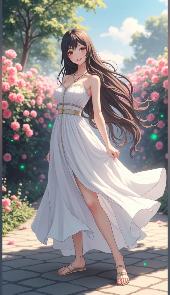 (masterpiece、Highest quality、8k、High resolution)、(One female、Beautiful Face、Beautiful eyes、Beautiful lips、Beautiful nose)、smile、The white upper teeth are faintly visible、Brown-black hair、(The best girl in anime)、garden、blue sky、Colorful flowers are blooming、Vibrant colors、Red roses are beautiful、(Body、whole bodyから神秘的な光の粒子、Colorful light particles、A mysterious light glowing around the head)、melt、jewelry、necklace、dress、(whole body)、Highly detailed anime art、A complete portrayal、