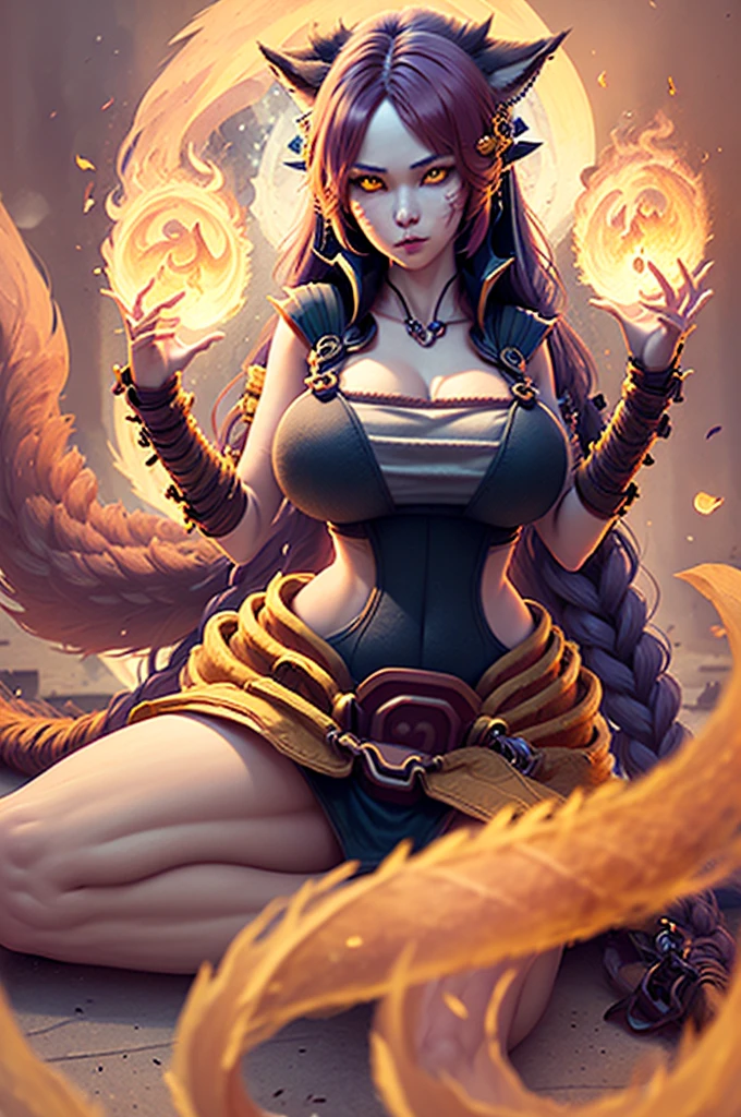 perfect hands, Ray tracing,{Best quality}, {{Masterpiece}}, {A high resolution}, Original, Extremely detailed 8k wallpaper, {An extremely delicate and beautiful}, realistic hand, one girl, good body proportions, (((cowboy shot))), Extremely detailed face, Extremely detailed body, Extremely detailed hands, Extremely detailed eyes, beatiful eyes, ((glowing eyes golden eyes, staring blankly)), extremely detailed background, high quality background,Ahri League of Legends,(((kitsune girl,fox girl,fox tails,nine tails,multiple_tails,multiple tails))),(large breasts:1.9),(((20yo girl))), dark hair, fighting pose, fire magic, fire tails, tails on fire, full of demonic aura, volcano background, (((bright colors))), red fire, (((the background is full of magical particles and realistic fire))). lens flare, glowing light, killer eyes, killer instinct