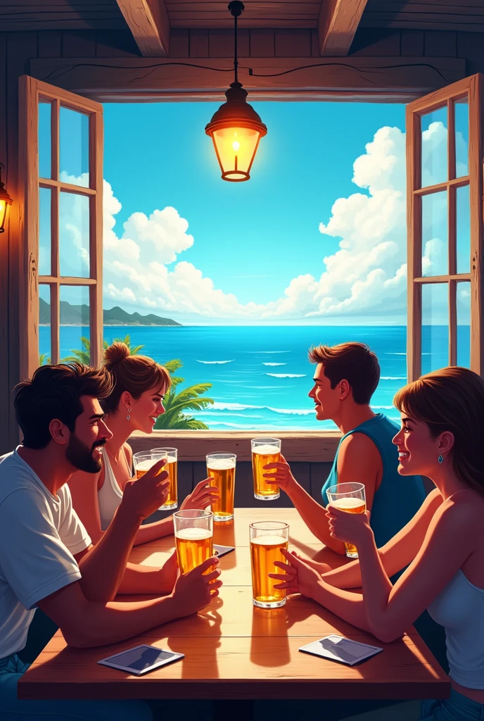 pub, floor, WINDOW VIEW OF THE SEA, Day Light, BLUE AND YELLOW LIGHTS, sharp contrast, I LIKE SUMMER, HAPPY HOUR BEER DAY