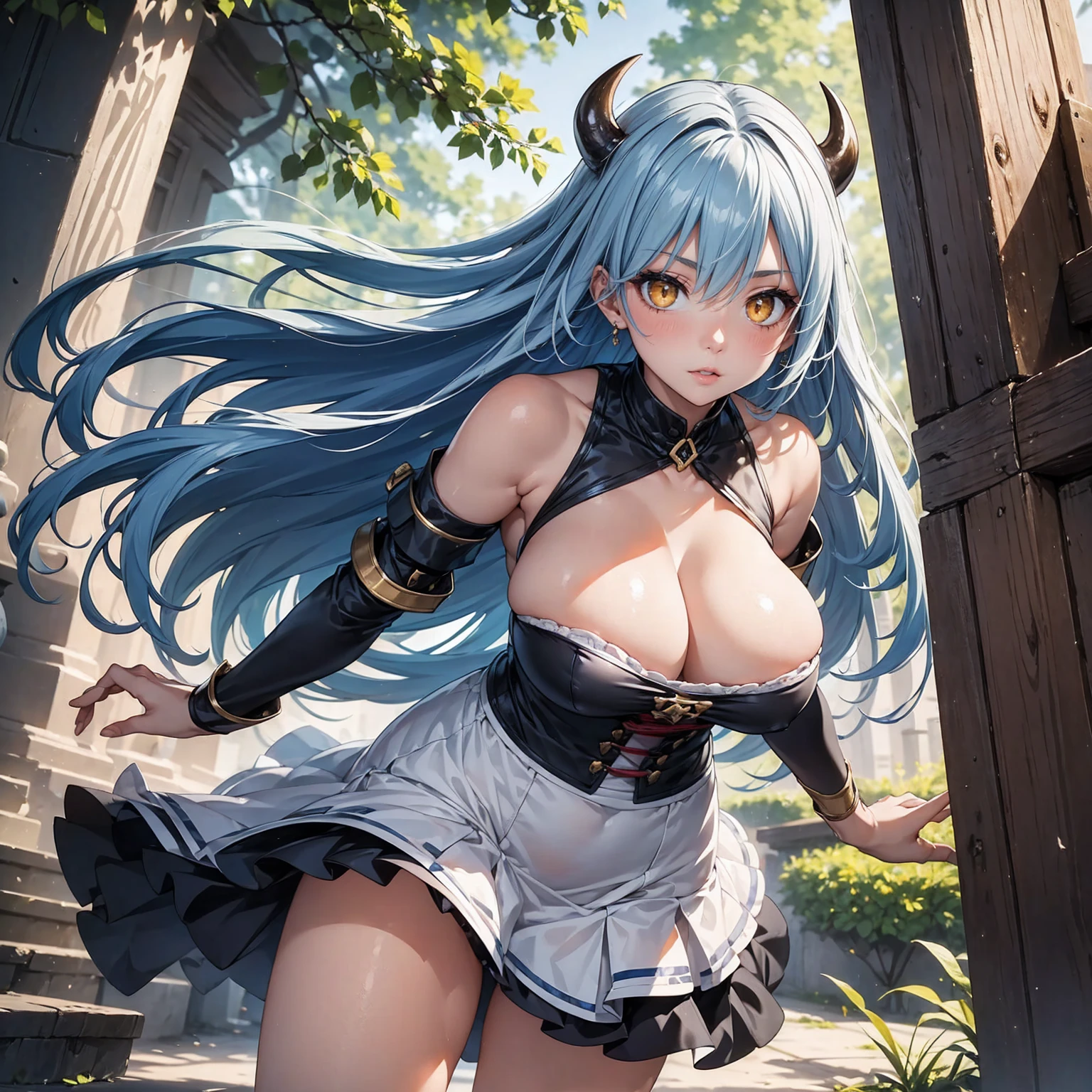 (Absurd Resolution:1.2), (ultra delicate:1.2), (masterpiece:1.2), (Photorealistic), (top-quality), BREAK She is a demon princess and has many ghostly servants., BREAK (cute 1girl), (ager), (finely detailed eyes and finely detailed face:1.2), BREAK (ultra fine-yellow-cute-eyes:1.3), (Expression ultra detailed Glitter Pupil), (ultra detailed Expression eyelashes), BREAK (ultra delicate absurdly long blue hair, bangs between eyes), (beautiful Glossy lips), BREAK (slim body and gigantic breasts:1.3), narrow waist, leggy, curvy is body without muscles, BREAK (glossy realistic pale skin texture:1.2), (sweaty skin:0.4), precise anatomy, (4 defined fingers), (1 defined thumb), beautiful breathtaking expression, BREAK (intricate-Mechanical-Armor-dress, bare-Thighs:1.2), buffalo horn on side head, shining energy core, BREAK Seductive pose, (Crisp focus, eye focus:1.2), (full body shot, shoot from front, high angle shot), vibrant colors, professional lighting, BREAK A magical night forest, with many battles going on around her, she holds the flag and takes command,