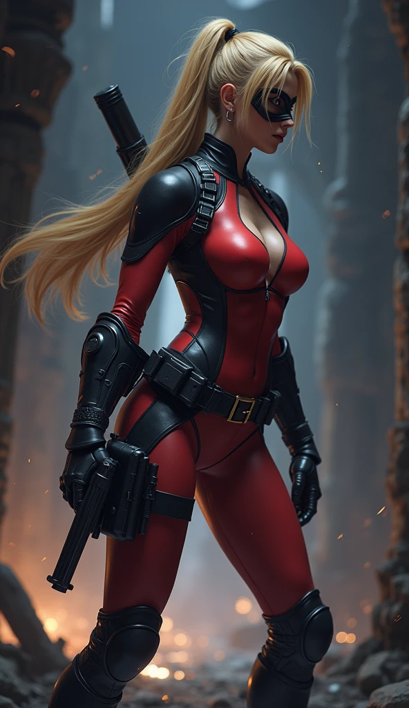 masterpiece, best quality, highres, contrapposto,BodySuit_lady_deadpool_ownwaifu,
1girl, mask, blonde hair, ponytail, long hair, large breasts, no pupils, 
bodysuit, skin tight, superhero, belt pouch, utility belt, red bodysuit, gloves, weapon on back, thigh pouch, thigh strap, thigh holster, belt buckle, turtleneck, light particles, depth_of_field, scenery, night, closeup, solo,Epic Fantasy Art Style HD, 4K fantasy art, epic fantasy digital art style, epic fantasy art style, Fantasy Woman, epic fantasy art portrait, Epic fantasy style, hyperrealistic fantasy art, hd fantasy art, Epic fantasy character art, epic fantasy art, in style of dark fantasy art, epic fantasy digital art, ,(Fondo de ruinas de mazmorra en ruinas:1.4 ),(Lady Deadpool:1.4), (iluminación cinematográfica :1.4), (anatomía perfecta :1.4) 