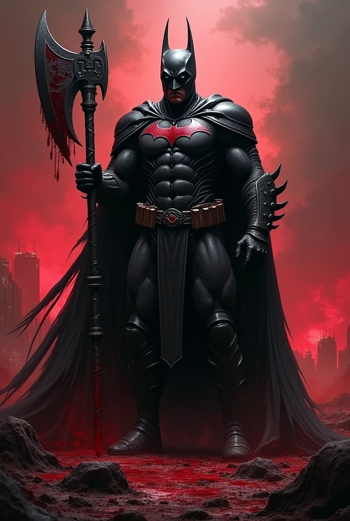 Show Batman in a dark fantasy environment, specifically on a devastated and bloody battlefield. The hero is in the middle of a massacre, surrounded by fallen bodies and traces of combat. He wears imposing black armor, adorned with mystical details , and holds a large bloody axe, highlighting the brutal combat. The scene is lit by a dim, red light, creating a dramatic contrast with the dark background. in a powerful and determined pose, with an intense gaze, dominating the battlefield with his imposing presence."