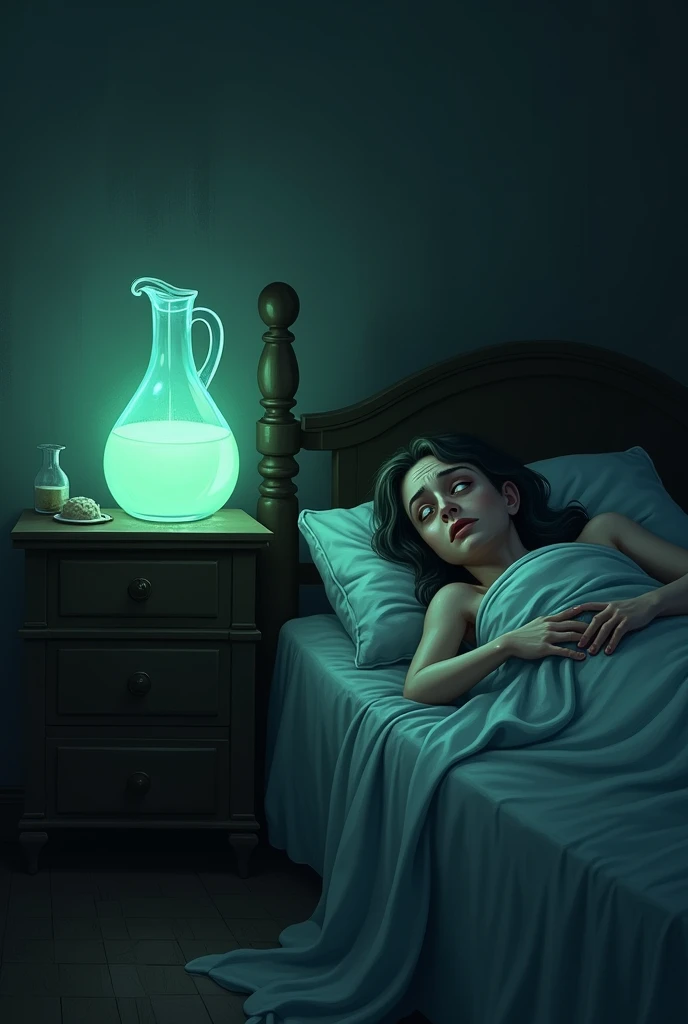 A jug of water with a strange, glowing liquid in it sits on a nightstand next to a bed in a gloomy room., A sick woman lies in bed