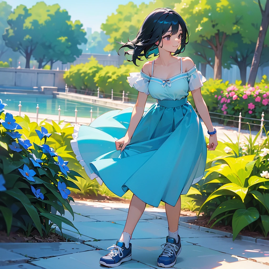 (high quality, High resolution, Very detailed, reality:1.37), Peaceful atmosphere, (Outdoor, garden), Teenage girl standing alone, (my breasts are big.), Beautiful details, Cute Smile, (Black bob hair), camisole, Blue Skirt, Blue socks, sneakers.