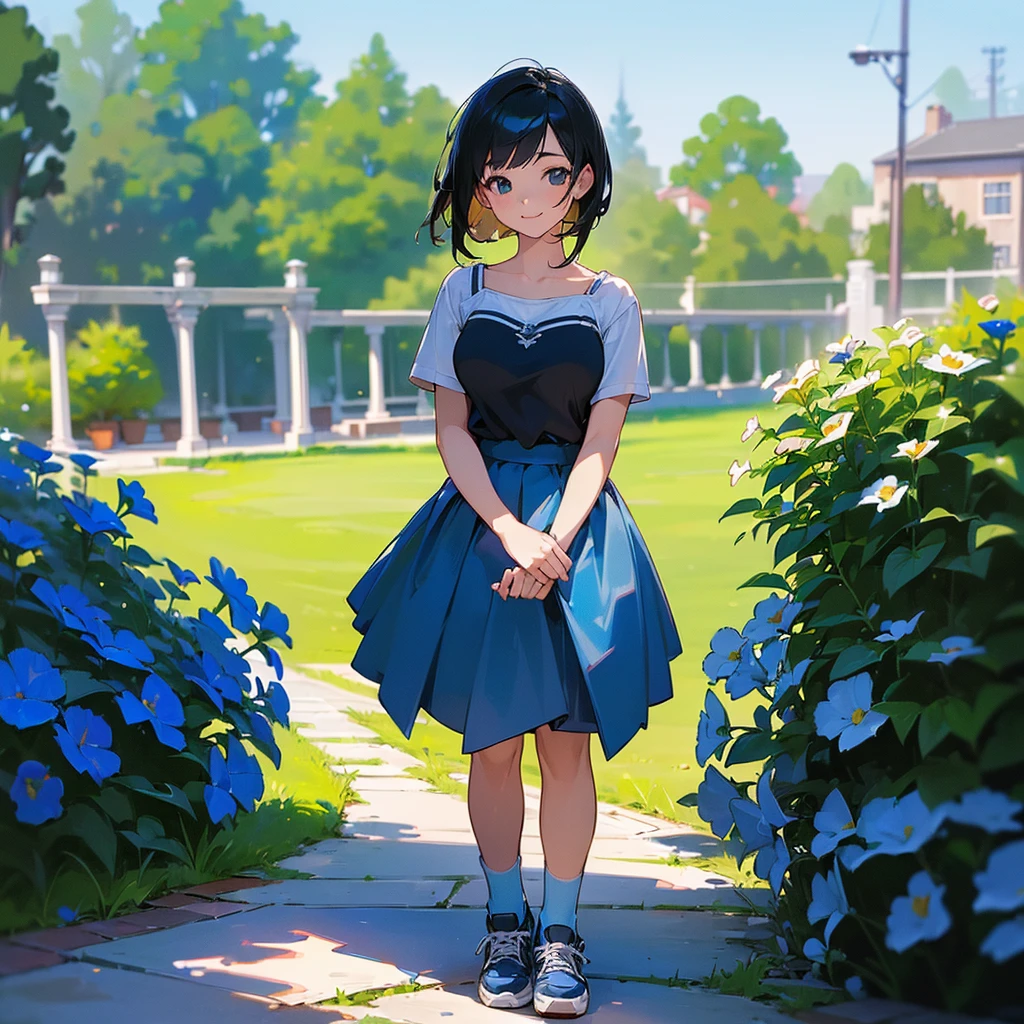 (high quality, High resolution, Very detailed, reality:1.37), Peaceful atmosphere, (Outdoor, garden), Teenage girl standing alone, (my breasts are big.), Beautiful details, Cute Smile, (Black bob hair), camisole, Blue Skirt, Blue socks, sneakers.