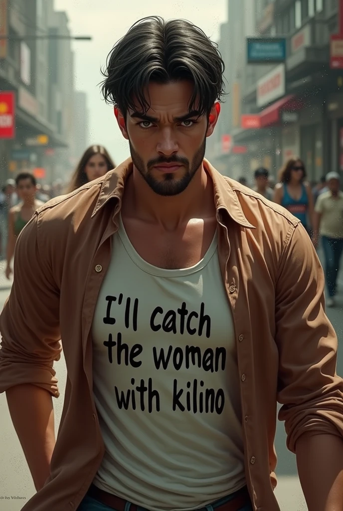 man with written shirt 
" I&#39;ll catch the woman with the kilino "