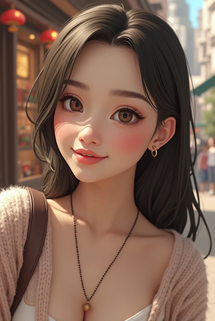 a teenager, (lexi rabe face), (huge breasts), wears cardigan :1.1, wear shorts, smiling, Ultra detailed face, detailed eyes, Walking in a market, Soft lighting, photorealistic, Realistic lighting, (Best Quality), 8k, (masterpiece:1.2)