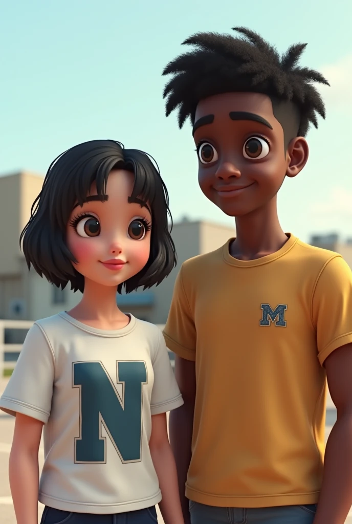 Photorealism of a short, black-haired white girl wearing a t-shirt with an N, and a tall dark-skinned boy, strong, brown eyes with. A t-shirt from una M