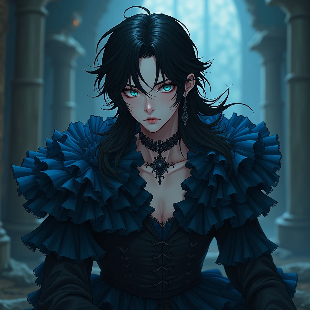 Long black hair. Teal blue eyes, Male, Blue and black frilly gothic clothes, Surrealism, Sexy, Masterpiece, Shiny, Gloomy effects, 8k, super detail, Shiny, Beautifully detailed, Pretty drawn. Anime style. Sexy pose, hot. Seductive pose. Anime style.