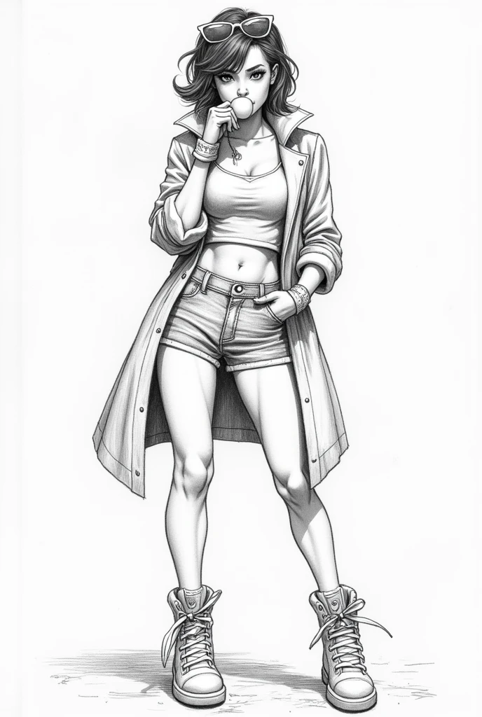 Visualize the X-Men character JUBILEE as a pencil sketch in the style of comic artist Jim Lee.
Shoe should sit on the ground pouting. JUBILEE is an Asian teenage with short hair, a coat with rolled up sleeve, long gloves, boots and denim shorts and a 80's syle sunglasses which that sits  on the top of her head that has the shape of Bret Harts icons sunglasses. She has to blew a bubblegum bubble 