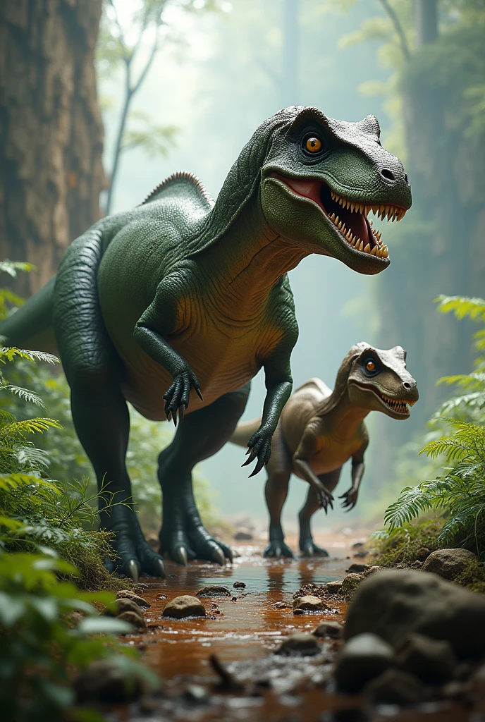 generates a dinosaur with its offspring hunting together