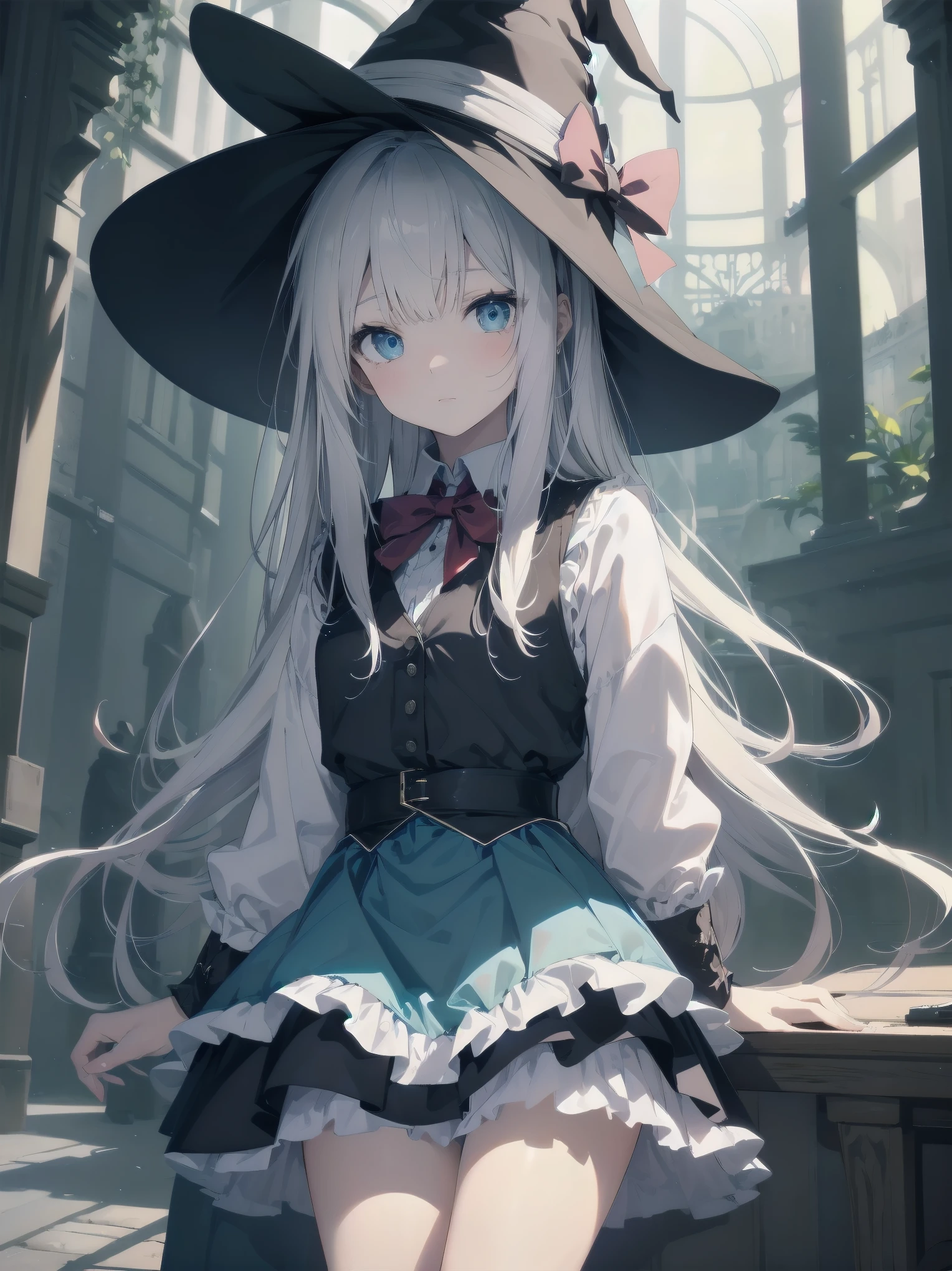 🎶, (🧙♀️), ✡, ✨(black hat), , Alice in Wonderland, Alone, very beautiful, cute, adorable, embarrassed, alone, blue eyes, white skin、look at viewer、looking up, kawaii tech, pastel colors, kawaii, cute colors, Alice in Wonderland, alone, very beautiful, cute, adorable, embarrassed, alone, blue eyes, white skin, skirt lift
