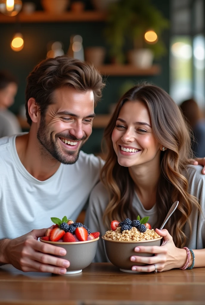 Realistic man and wife 25-35 years old, At the acai shop ,brown hair eating acai , with friends Ultra HD, high qualiy, best qualityer, high resolution, 8k, 16K
