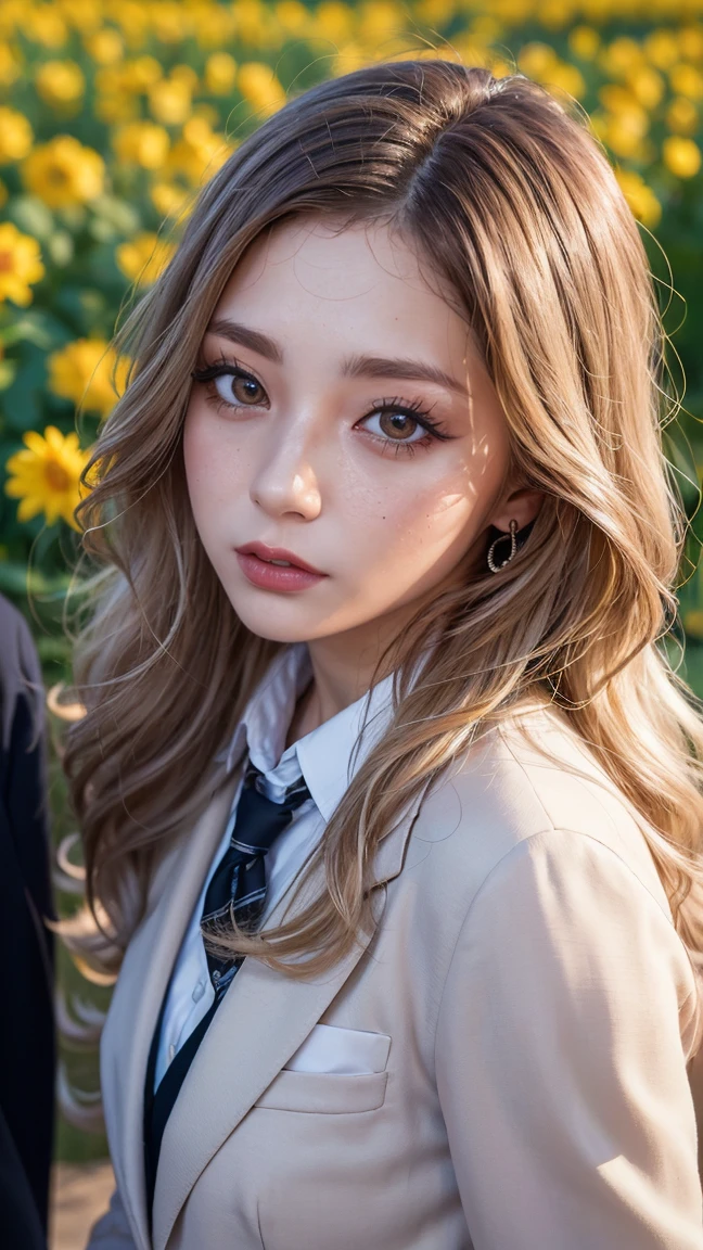 Realistic, masterpiece, Highest quality, Highest Resolution, Japanese , , Upper body photo, Looks sleepy, Spaced out, Open your mouth, Beautiful and detailed eye drawing, (Droopy eyes:1.3), Dark Eyes, Thin eyebrows, Draw eyelashes carefully, Eyelash extensions, Gal Makeup, Orange Cheeks,  (White brown wavy hair, Long Hair, middle part:1.3), (Hidden eyelid wrinkles:1.3), (Gothic uniform, blazer:1.2), (The subject was photographed from above at an angle:1.3), (Flower Field:1.3), (Face close-up, Stand up and impress the crowd:1.5)