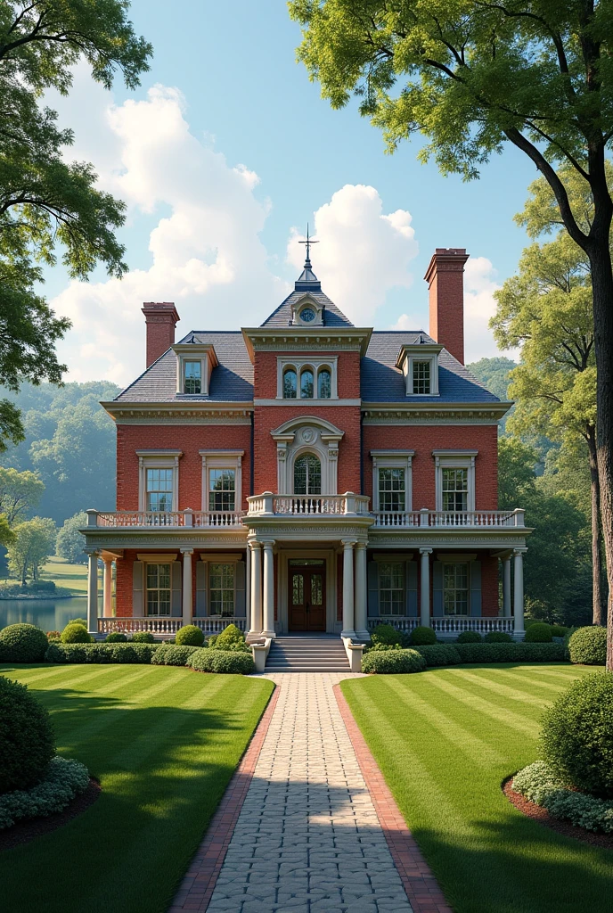 A mansion facing a leisure area and a lake a little further ahead with 12 bedrooms, with 2 floors with balcony, with brick style walls