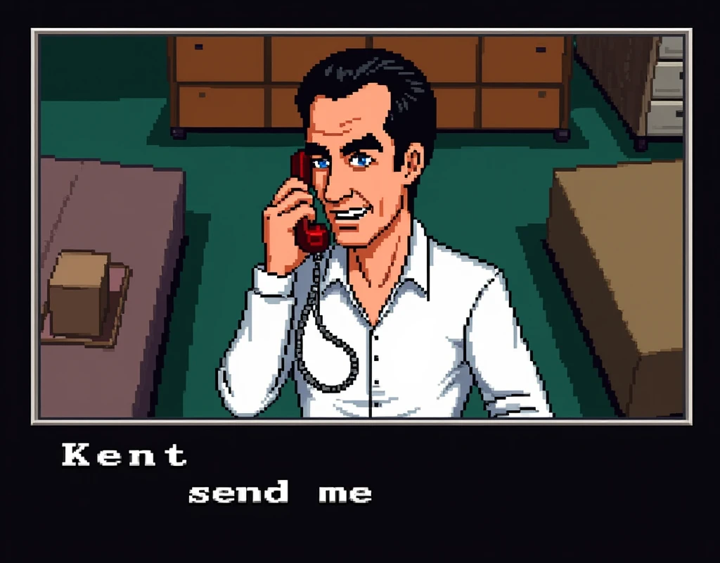 a pixelated image from the video game Leisure Suit Larry, from 1988, 8bit colors, a short man with black receding hairline and bushy black eyebrows, dressed in a long-sleeved white shirt, talking on a phone, in a room with squared furniture, at the bottom the text "Kent sent me" in white pixelated letters on black square, video game frame, top angle view, 